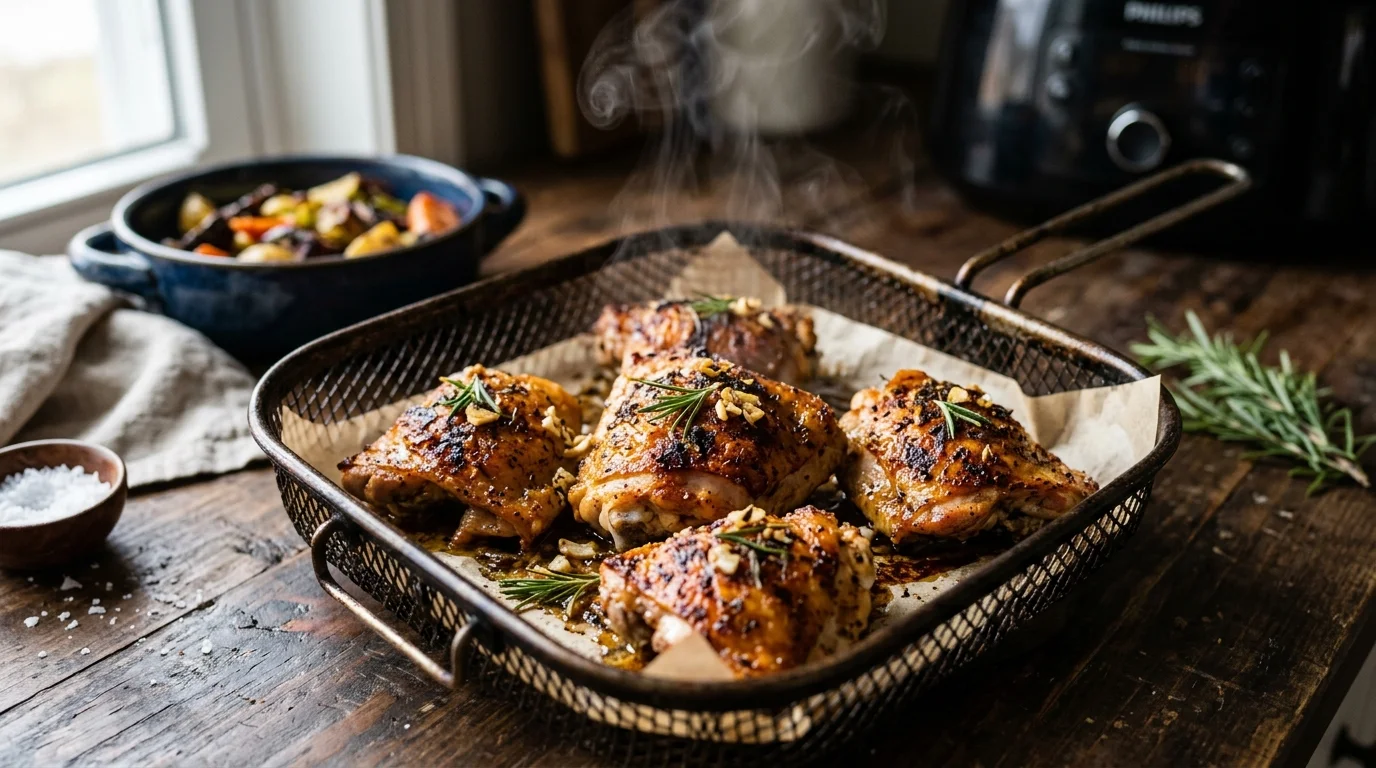 Sobrecoxa Desossada Crocante na Air Fryer com Alho e Ervas: a técnica de chef para não ressecar
